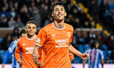 Rangers' Bojan Miovski celebrates scoring to make it 1-0 during a Scottish Premiership match at Kilmarnock