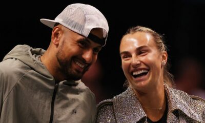 Aryna Sabalenka and Nick Kyrgios laugh ahead of their Battle of the Sexes tennis match in Dubai, United Arab Emirates, Sunday Dec. 28, 2025. (Amr Alfiky/Pool Photo via AP)