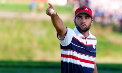 Scottie Scheffler of Team United States reacts on the 17th during the Sunday singles matches on day three of the 2025 Ryder Cup