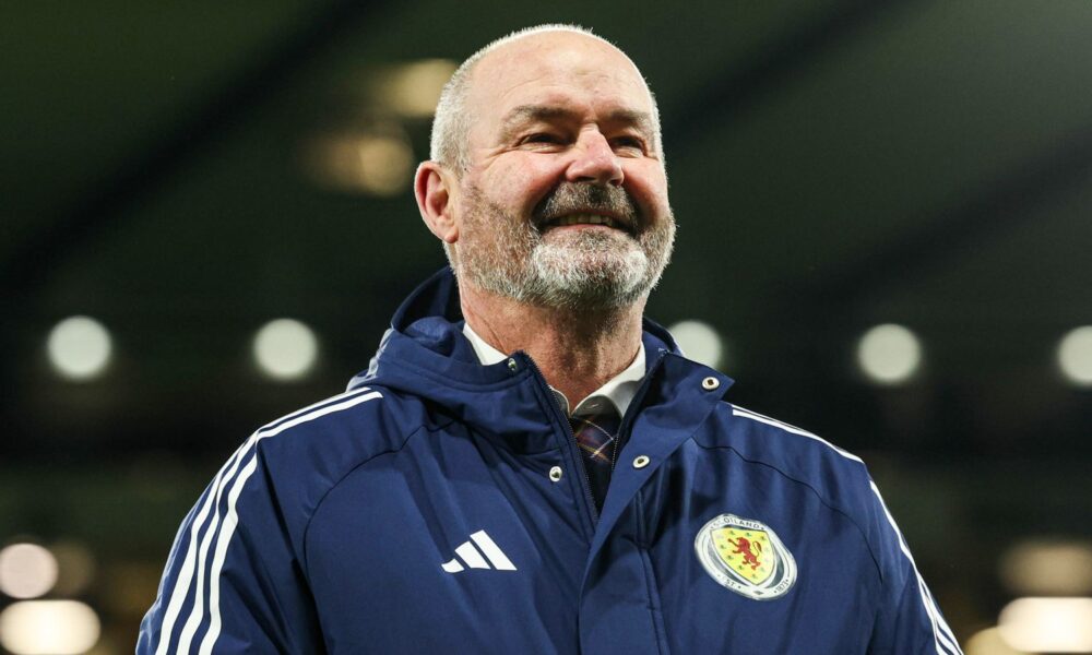 GLASGOW, SCOTLAND - NOVEMBER 18: Scotland Head Coach Steve Clarke celebrates on the pitch as they qualify for the 2026 World Cup during a FIFA World Cup 2026 Qualifier between Scotland and Denmark at Hampden Park, on November 18, 2025, in Glasgow, Scotland. (Photo by Craig Foy / SNS Group)