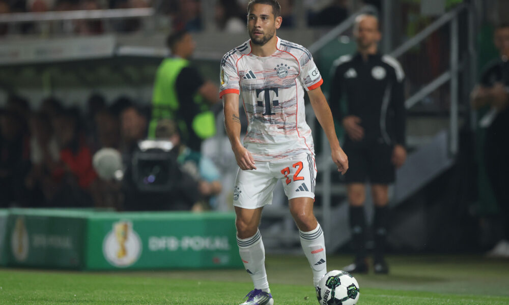 WIESBADEN, GERMANY - AUGUST 27: Raphael Guerreiro of Bayern Munich during the DFB Cup match between SV Wehen Wiesbaden and FC Bayern München at BRITA-Arena on August 27, 2025 in Wiesbaden, Germany. (Photo by Alex Grimm/Getty Images)