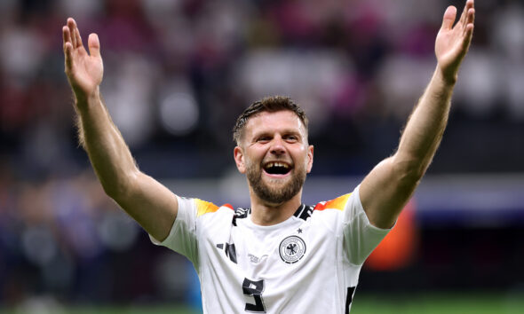 Niclas Fullkrug of Germany celebrates as he acknowledges the fans after the UEFA EURO 2024 group stage match between Switzerland and Germany at Frankfurt Arena on June 23, 2024 in Frankfurt am Main, Germany. (Photo by Alexander Hassenstein/Getty Images)