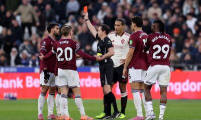 Darren England shows a second yellow and subsequent red card to Lucas Paqueta of West Ham