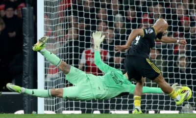 Bryan Mbeumo scores equalizing goal during the Premier League match between Arsenal and Manchester United.
