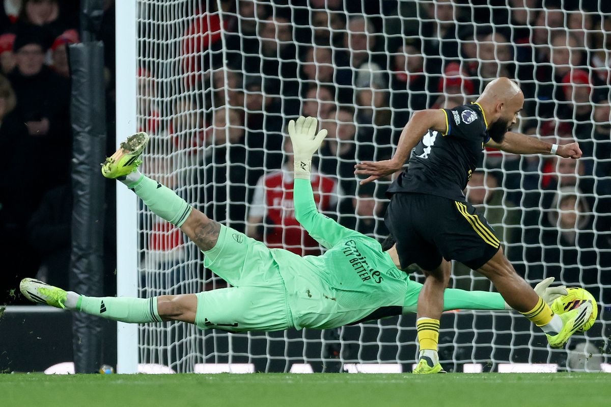 Bryan Mbeumo scores equalizing goal during the Premier League match between Arsenal and Manchester United.
