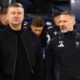 Salford City manager Karl Robinson (L) looks on next to assistant manager Ryan Giggs during the Emirates FA Cup Third Round match between Manchester City and Salford City at Etihad Stadium on January 11, 2025 in Manchester, England