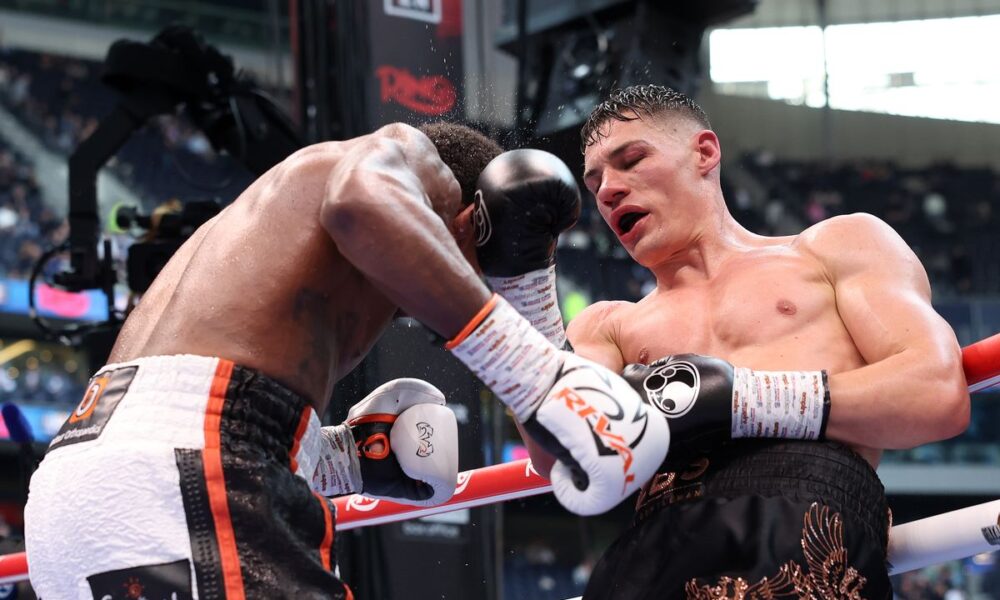 LONDON, ENGLAND - APRIL 26:  Chris Billam-Smith (white trunks) v Brandon Glanton (black trunks), Cruiserweight Contest at Tottenham Hotspur Stadium on April 26, 2025 in London, England. (Photo by Mark Robinson/Getty Images)