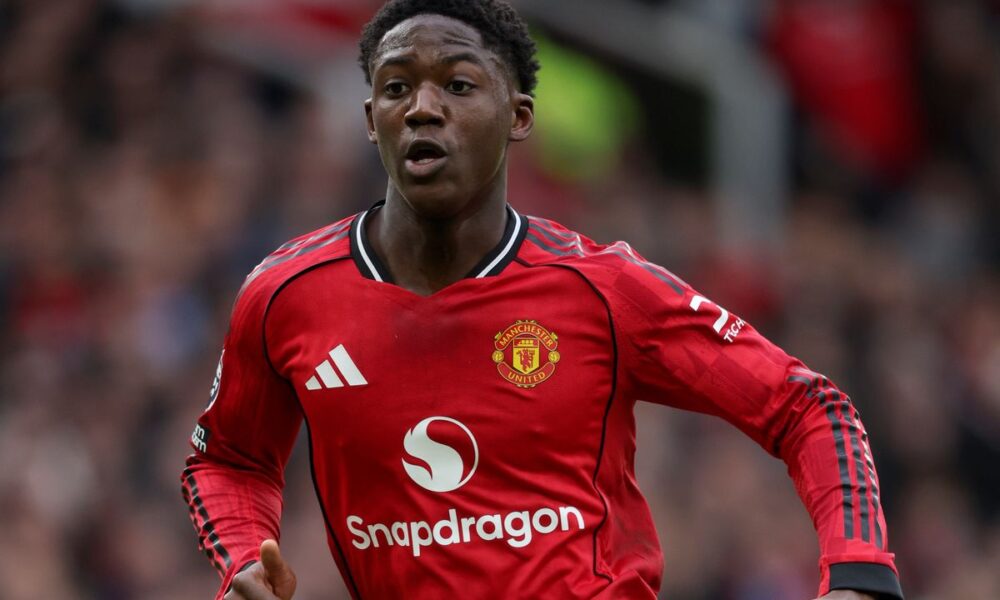 Kobbie Mainoo of Manchester United running during the Premier League match between Manchester United and Manchester City at Old Trafford on January 17, 2026 in Manchester, England