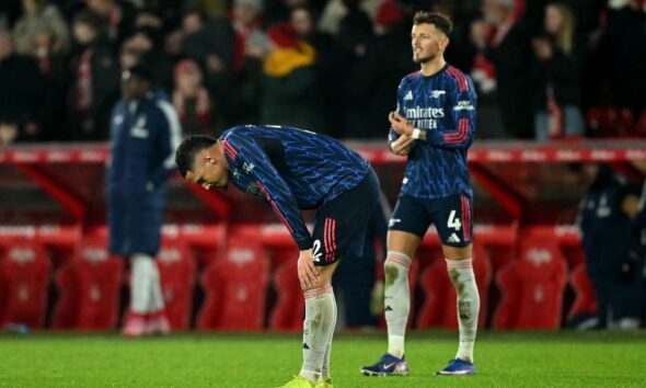 Arsenal's French defender #02 William Saliba looks dejected after the English Premier League football match between Nottingham Forest and Arsenal at The City Ground in Nottingham, central England, on January 17, 2026. (Photo by JUSTIN TALLIS / AFP via Getty Images) / RESTRICTED TO EDITORIAL USE. No use with unauthorized audio, video, data, fixture lists, club/league logos or 'live' services. Online in-match use limited to 120 images. An additional 40 images may be used in extra time. No video emulation. Social media in-match use limited to 120 images. An additional 40 images may be used in extra time. No use in betting publications, games or single club/league/player publications.