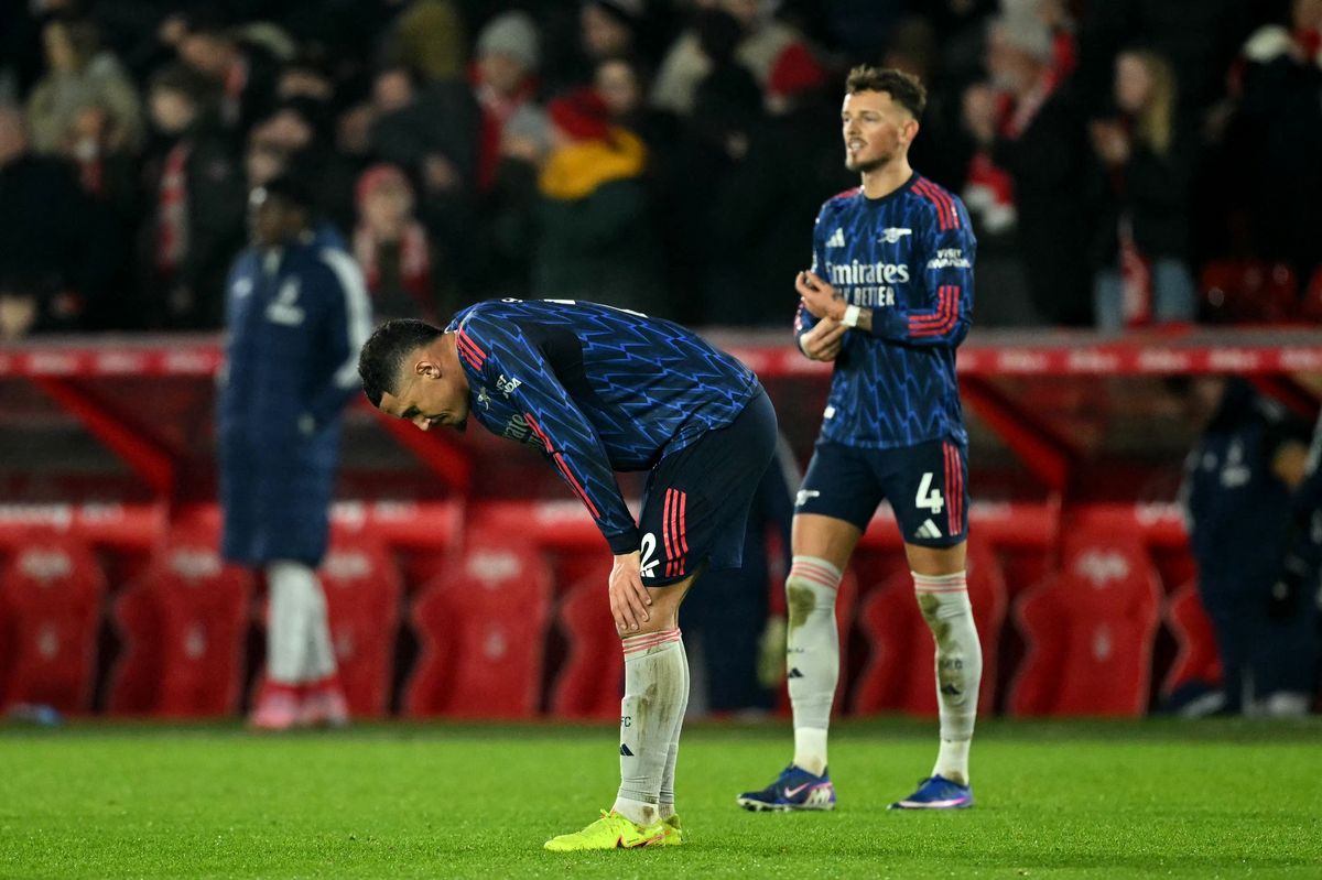 Arsenal's French defender #02 William Saliba looks dejected after the English Premier League football match between Nottingham Forest and Arsenal at The City Ground in Nottingham, central England, on January 17, 2026. (Photo by JUSTIN TALLIS / AFP via Getty Images) / RESTRICTED TO EDITORIAL USE. No use with unauthorized audio, video, data, fixture lists, club/league logos or 'live' services. Online in-match use limited to 120 images. An additional 40 images may be used in extra time. No video emulation. Social media in-match use limited to 120 images. An additional 40 images may be used in extra time. No use in betting publications, games or single club/league/player publications.