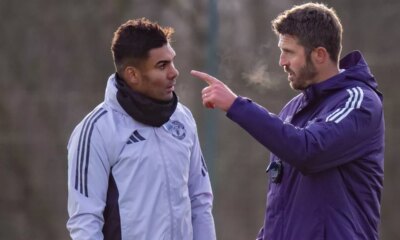 Head Coach Michael Carrick, Casemiro of Manchester United in action during a first team training session at Carrington Training Ground on January 14, 2026 in Manchester, England