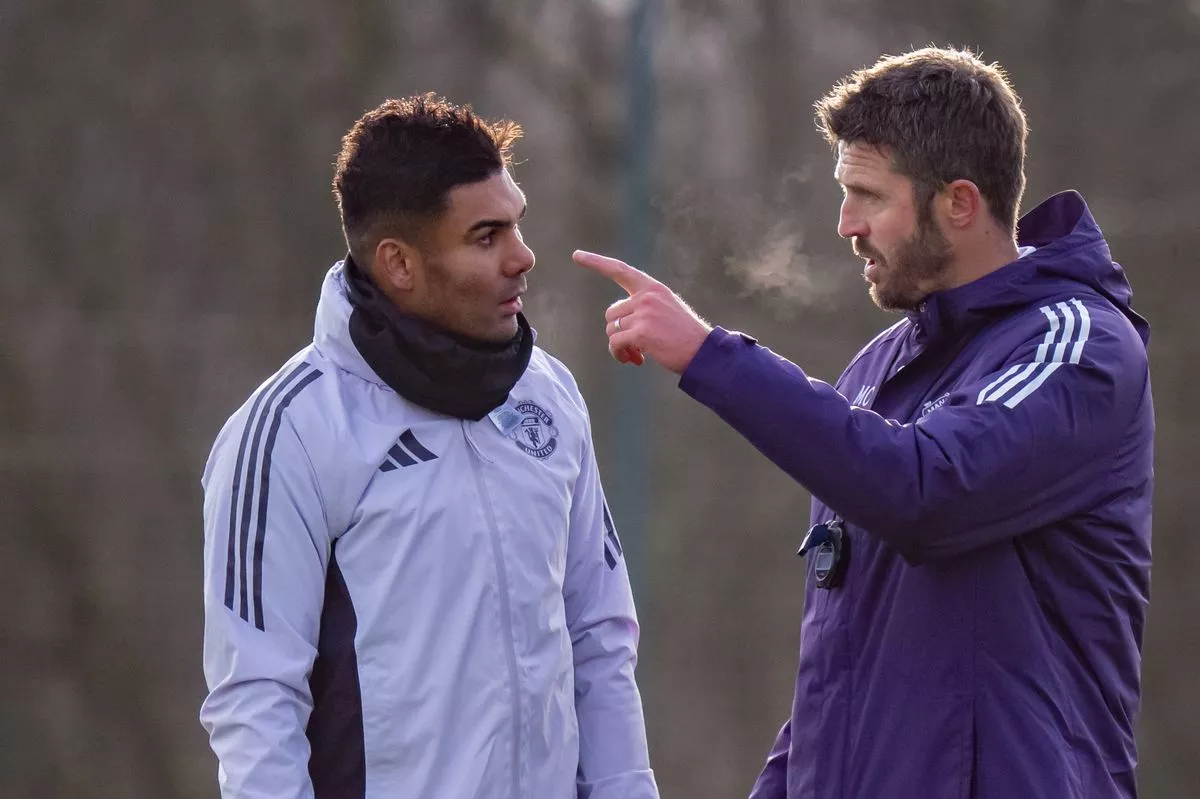 Head Coach Michael Carrick, Casemiro of Manchester United in action during a first team training session at Carrington Training Ground on January 14, 2026 in Manchester, England