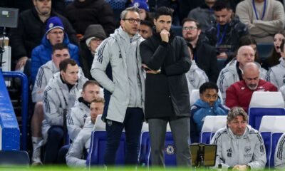 Albert Stuivenberg with Mikel Arteta during Arsenal's win against Chelsea