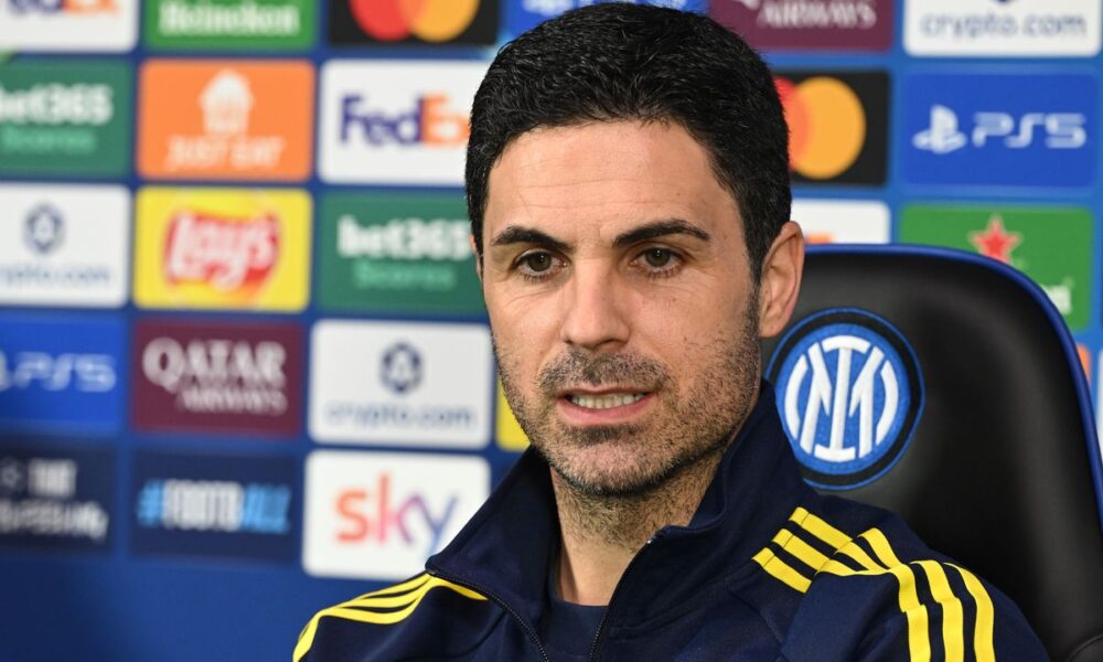 Arsenal manager Mikel Arteta attends a press conference at San Siro