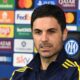 Arsenal manager Mikel Arteta attends a press conference at San Siro