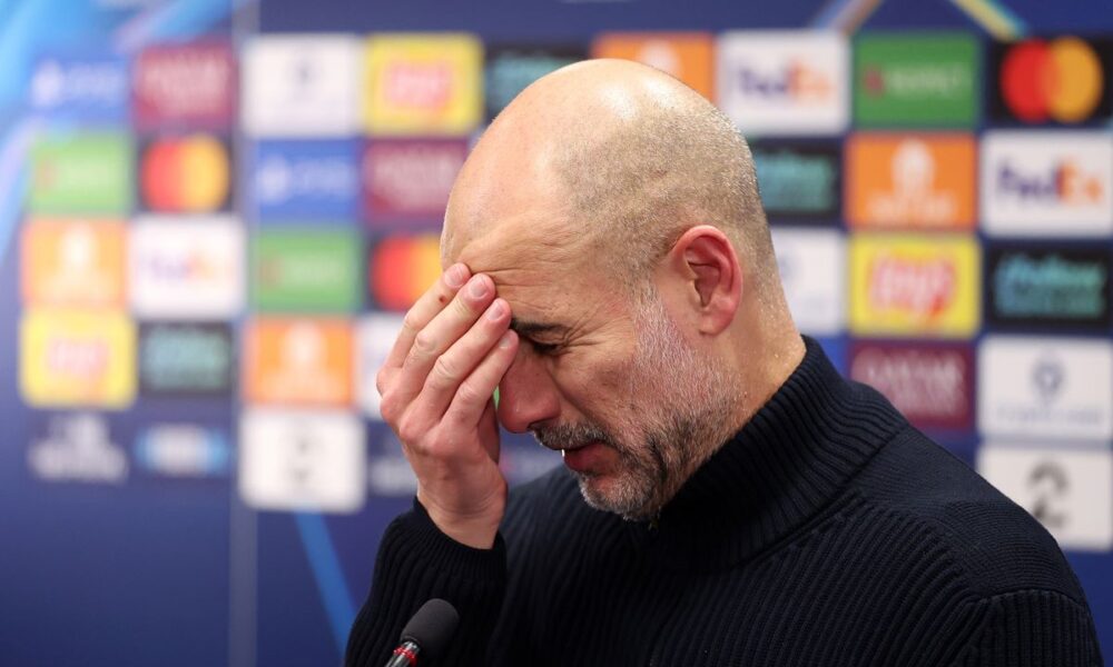 BODO, NORWAY - JANUARY 20: Pep Guardiola, Manager of Manchester City, reacts as he speaks to the media in a post match press conference after the UEFA Champions League 2025/26 League Phase MD7 match between FK Bodo/Glimt and Manchester City at Aspmyra Stadion on January 20, 2026 in Bodo, Norway. (Photo by Michael Regan - UEFA/UEFA via Getty Images)