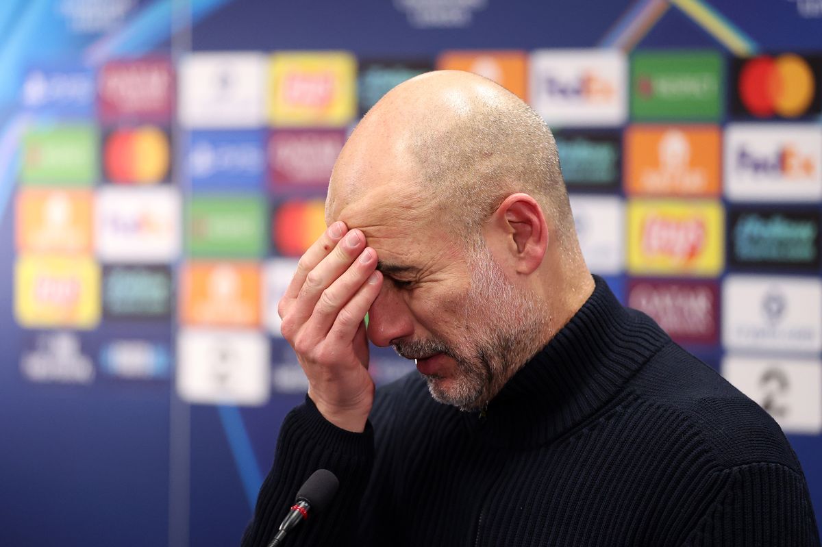 BODO, NORWAY - JANUARY 20: Pep Guardiola, Manager of Manchester City, reacts as he speaks to the media in a post match press conference after the UEFA Champions League 2025/26 League Phase MD7 match between FK Bodo/Glimt and Manchester City at Aspmyra Stadion on January 20, 2026 in Bodo, Norway. (Photo by Michael Regan - UEFA/UEFA via Getty Images)