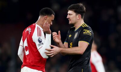 LONDON, ENGLAND - JANUARY 25: Gabriel of Arsenal clashes with Harry Maguire of Manchester United at full-time following the Premier League match between Arsenal and Manchester United at Emirates Stadium on January 25, 2026 in London, England. (Photo by Alex Pantling/Getty Images)