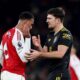 LONDON, ENGLAND - JANUARY 25: Gabriel of Arsenal clashes with Harry Maguire of Manchester United at full-time following the Premier League match between Arsenal and Manchester United at Emirates Stadium on January 25, 2026 in London, England. (Photo by Alex Pantling/Getty Images)