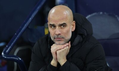 Pep Guardiola takes his place for the English Premier League football match between Manchester City and Brighton and Hove Albion