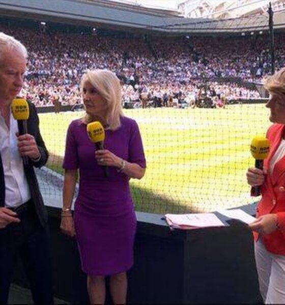 John McEnroe (L), Tracy Austin and Clare Balding (R) at Wimbledon 2025