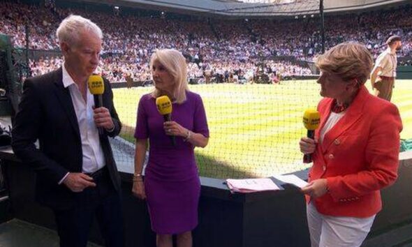 John McEnroe (L), Tracy Austin and Clare Balding (R) at Wimbledon 2025