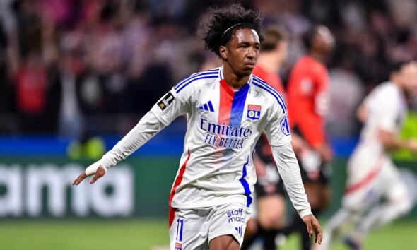 LYON, FRANCE - APRIL 26: Malick Fofana of Olympique Lyon celebrates his goal during the Ligue 1 McDonald's match between Olympique Lyonnais and Stade Rennais FC 1901 at Parc Olympique Lyonnais on April 26, 2025 in Lyon, France. (Photo by Eurasia Sport Images/Getty Images)