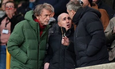 Sir Jim Ratcliffe, Omar Berrada and Jason Wilcox chatting in the stands.