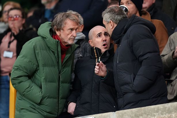 Sir Jim Ratcliffe, Omar Berrada and Jason Wilcox chatting in the stands.