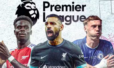 Bukayo Saka, Mohamed Salah and Cole Palmer with the Premier League logo and a Premier League themed background