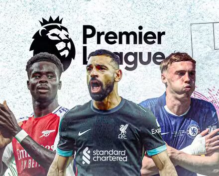 Bukayo Saka, Mohamed Salah and Cole Palmer with the Premier League logo and a Premier League themed background