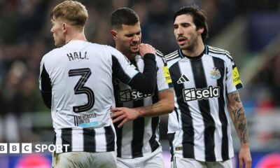 Bruno Guimaraes reacts after suffering an injury in Newcastle United's game against PSV Eindhoven at St James' Park on 21 January, 2026