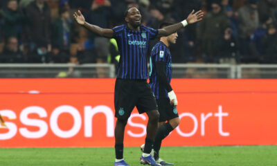 MILAN, ITALY - JANUARY 04: Marcus Thuram of FC Internazionale Milano celebrates scoring his team