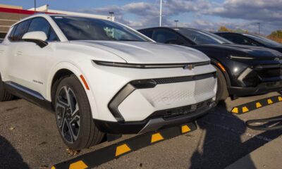 Chevrolet Equinox EVs on sale at a dealership in Michigan. Chevrolet is a General Motors division.