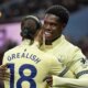 BIRMINGHAM, ENGLAND - JANUARY 18: Thierno Barry of Everton celebrates scoring with team mate Jack Grealish during the Premier League match between Aston Villa and Everton at Villa Park on January 18, 2026 in Birmingham, England. (Photo by Visionhaus/Getty Images)