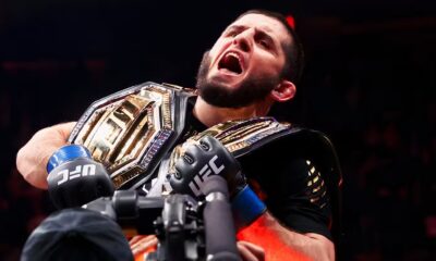 Islam Makhachev celebrates at UFC 322