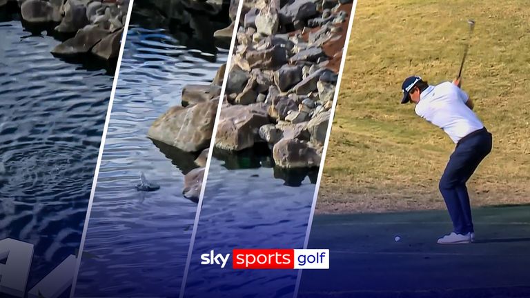 Nico Echavarria goes into the water three times on the Par 3 17th hole