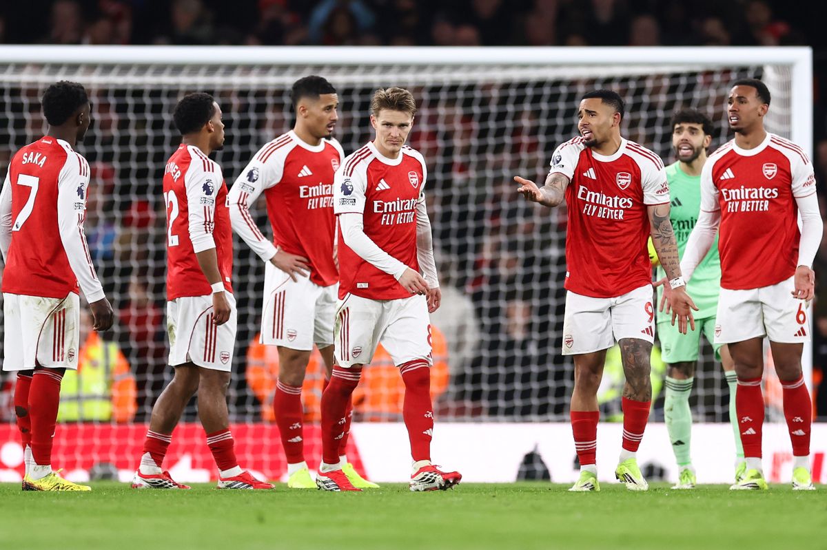 Gabriel Jesus of Arsenal and Martin Odegaard of Arsenal react after conceding during the Premier League match between Arsenal and Manchester United
