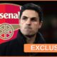 Arsenal manager Mikel Arteta and 'exclusive' banner