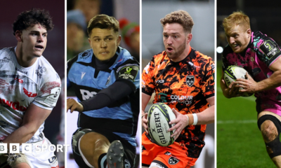 Scarlets' Eddie James, Cardiff's Callum Sheedy, Dragons' Angus O'Brien and Ospreys' Iestyn Hopkins in action