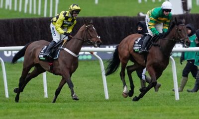Nico de Boinville riding Sir Gino (yellow colours) before he was pulled up in the Unibet Hurdle