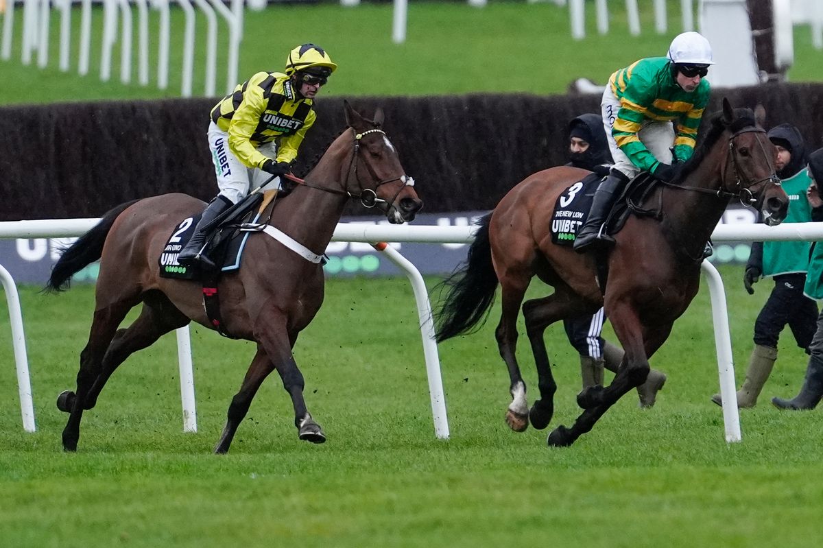 Nico de Boinville riding Sir Gino (yellow colours) before he was pulled up in the Unibet Hurdle