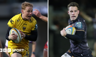 David Richards (left) goes over for a try in Dragons' win against Scarlets while Kieran Hardy runs with ball under his arm for Ospreys against Cardiff