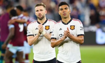 LONDON, ENGLAND - MAY 7: Casemiro and Luke Shaw of Manchester United applaud the fans after the Premier League match between West Ham United and Manchester United at London Stadium on May 7, 2023 in London, United Kingdom. (Photo by Craig Mercer/MB Media/Getty Images)