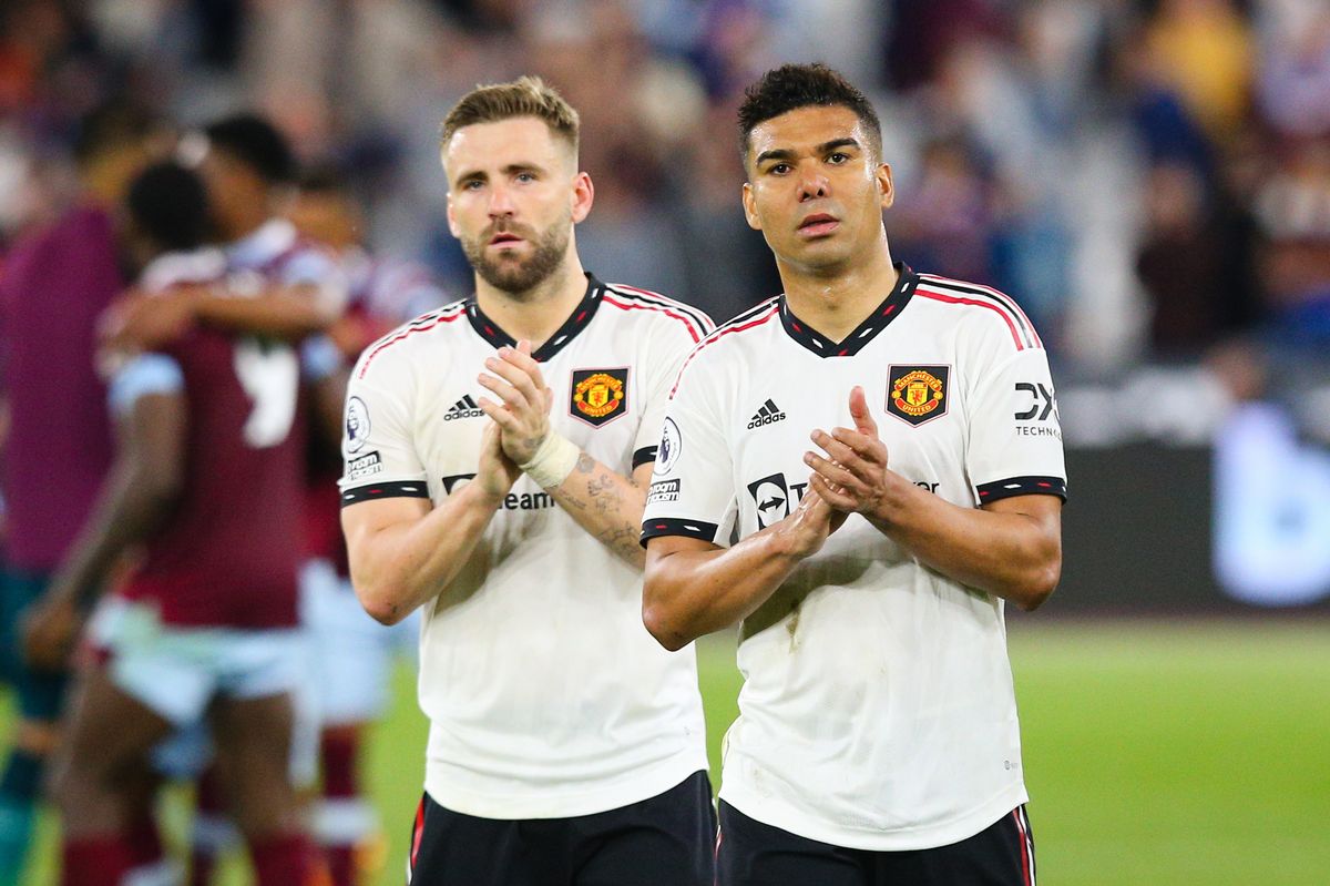 LONDON, ENGLAND - MAY 7: Casemiro and Luke Shaw of Manchester United applaud the fans after the Premier League match between West Ham United and Manchester United at London Stadium on May 7, 2023 in London, United Kingdom. (Photo by Craig Mercer/MB Media/Getty Images)