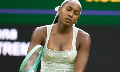 Coco Gauff of the United States reacts during her loss to Dayana Yastremska of Ukraine in her rescheduled ladies' Singles first round match on day two of The Championships Wimbledon