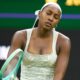 Coco Gauff of the United States reacts during her loss to Dayana Yastremska of Ukraine in her rescheduled ladies' Singles first round match on day two of The Championships Wimbledon