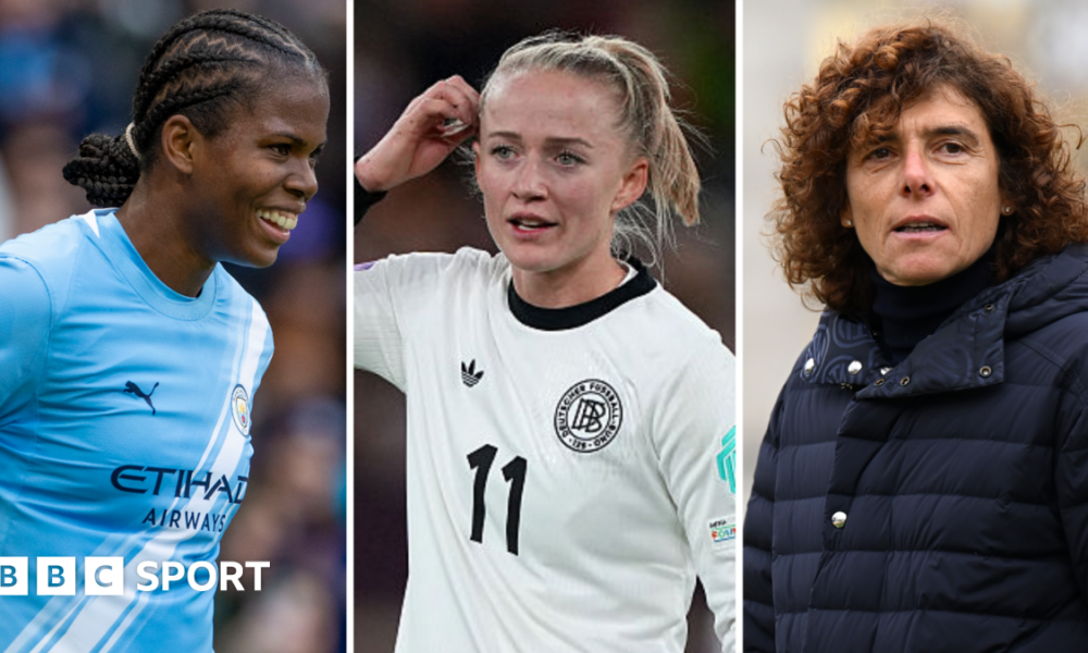 Split-picture graphic of Khadija Shaw, Lea Schuller and Rita Guarino