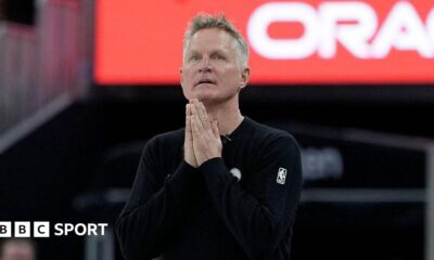 Golden State Warriors Steve Kerr holds his hands together during their win over the Minnesota Timberwolves