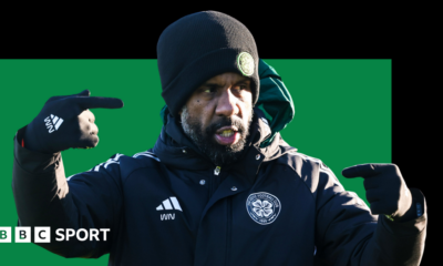 Wilfried Nancy graphic showing Celtic manager in club winter jacket with club badge, against a green and black background. Nancy is also wearing gloves and a black hat.